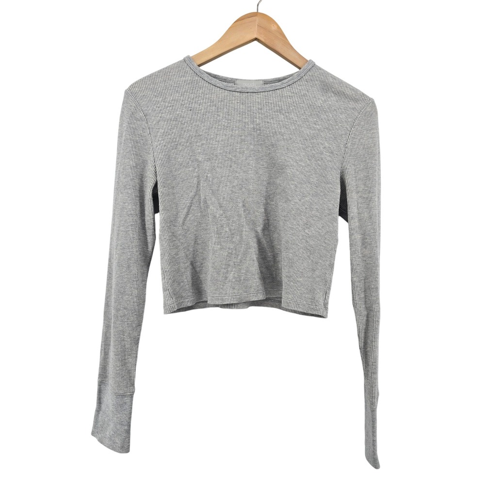 nuuds Waffle Knit Top Womens Large Gray Long Sleeve Cropped Crew Neck Thermal